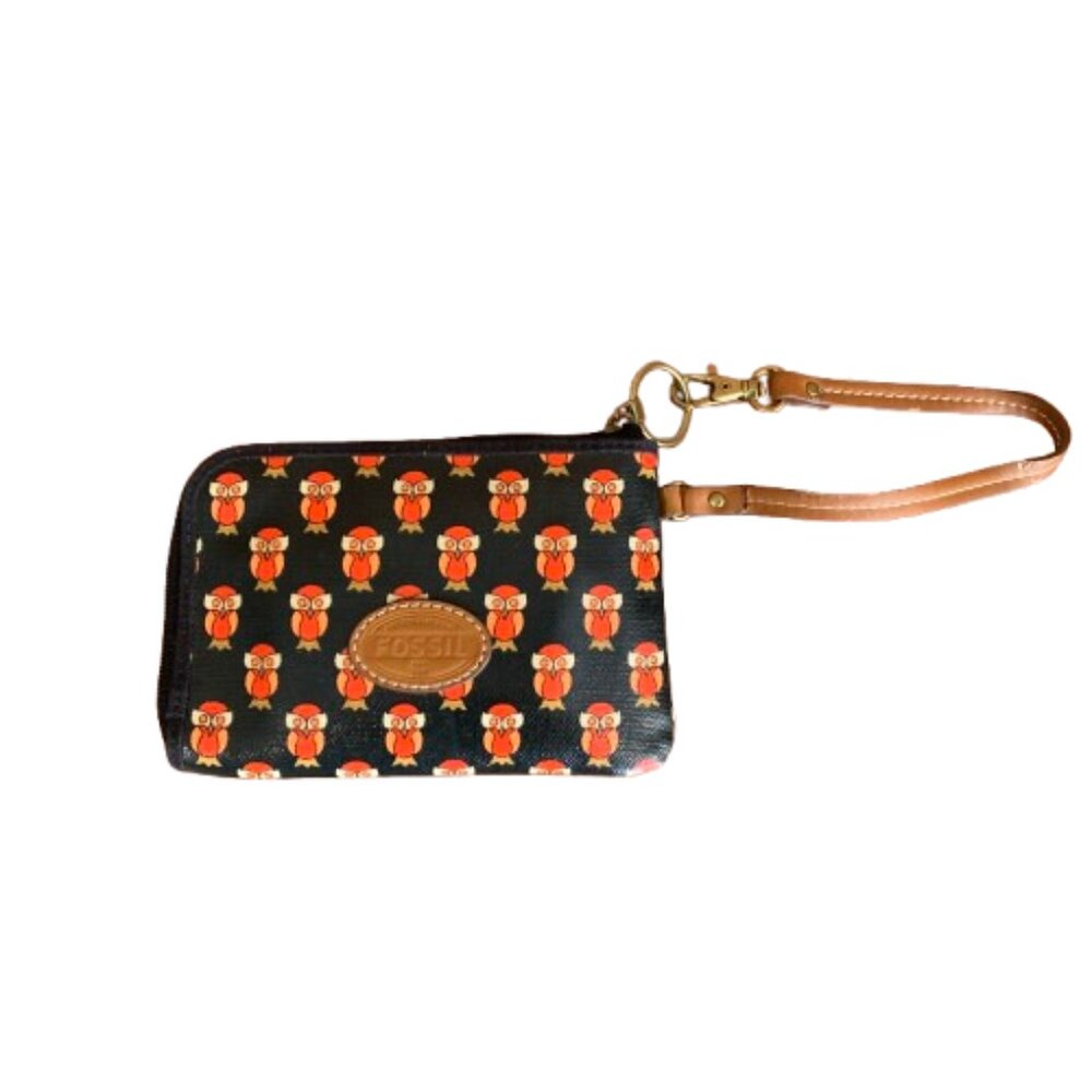 Fossil Owl Print Coated Canvas Strap Gold Tone Hardware Wristlet Wallet